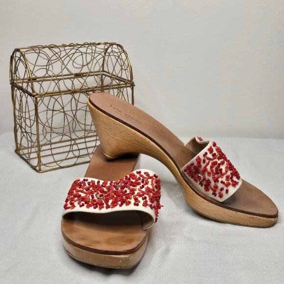 KATE SPADE New York Red and Cream Embellished Wooden Wedge Sandals - Picture 1 of 10